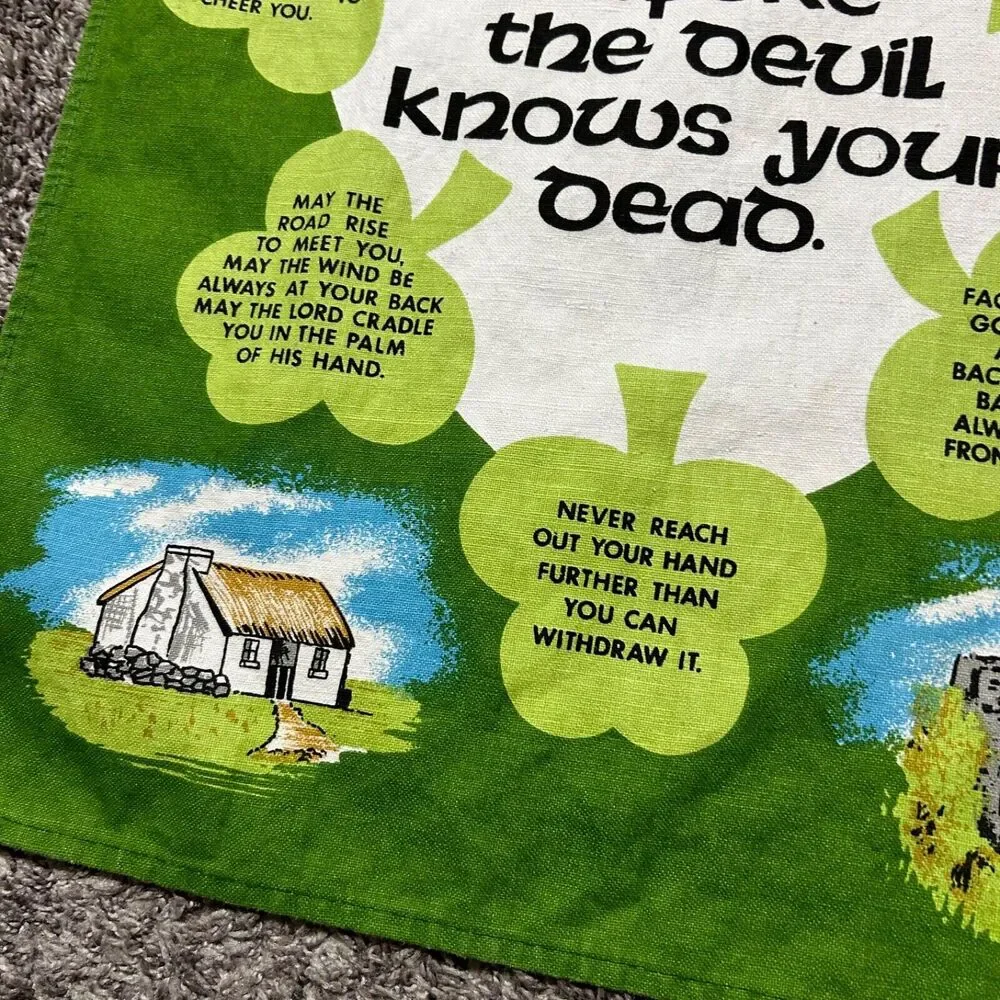 Vintage Irish Linen Wall Banner Decoration 70s 80s Green Cotton Blend 18x27 in